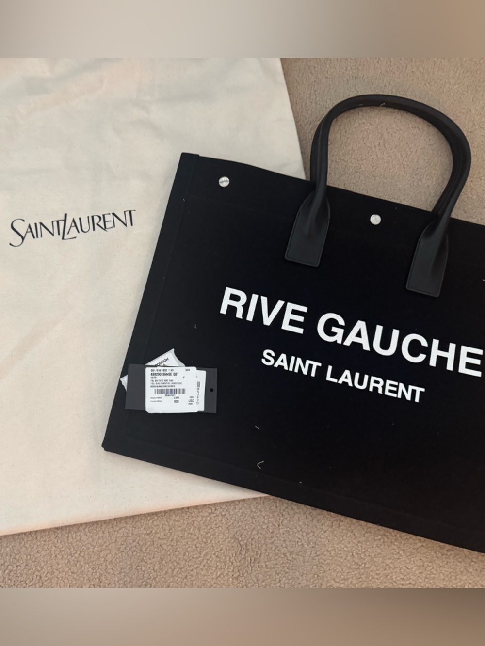 Yves Saint Laurent Black Tote with White Logo Text (Authentic)
